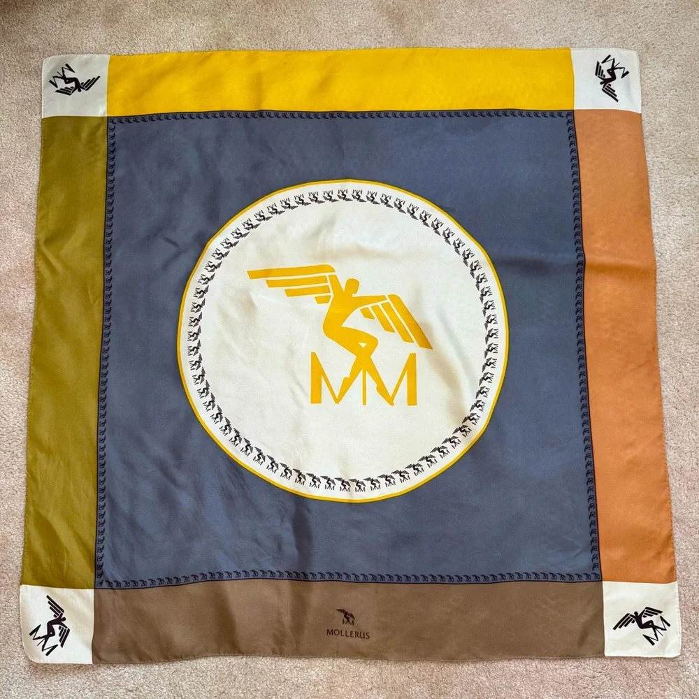 RARE Maison Mollerus Silk Scarf Square Logo Print Hand Rolled Brown Yellow
